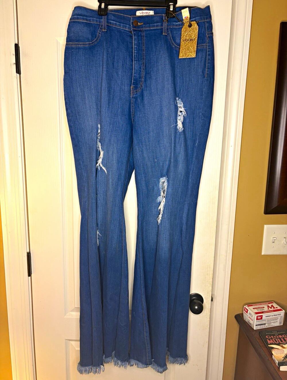 Vibrant MiU Women's 3X Blue Distressed Flared Jeans Frayed Hem Plus